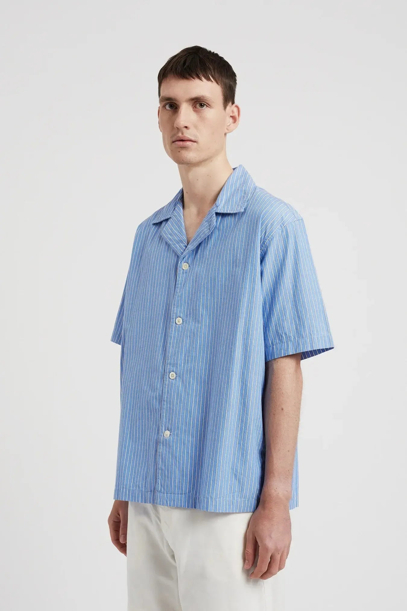 Mads Poplin Stripe Short Sleeve Shirt - Navy-Norse Projects-W2 Store