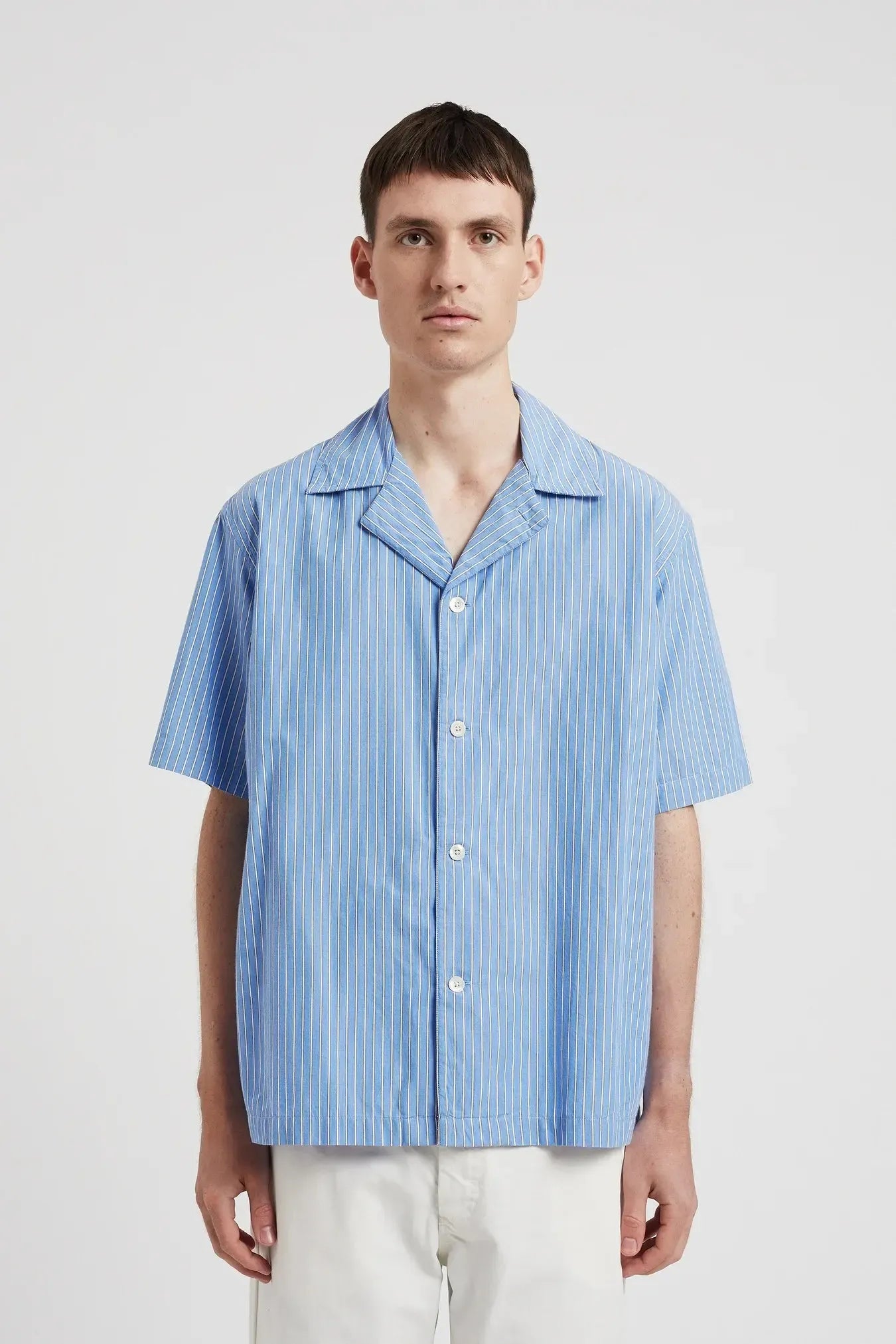 Mads Poplin Stripe Short Sleeve Shirt - Navy-Norse Projects-W2 Store