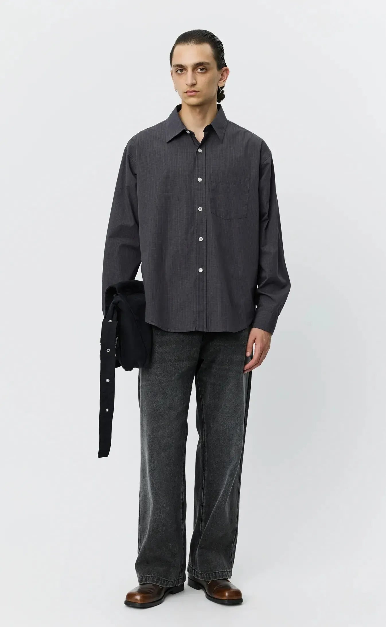 Executive Shirt - Mushroom Micro Check Poplin-mfpen-W2 Store