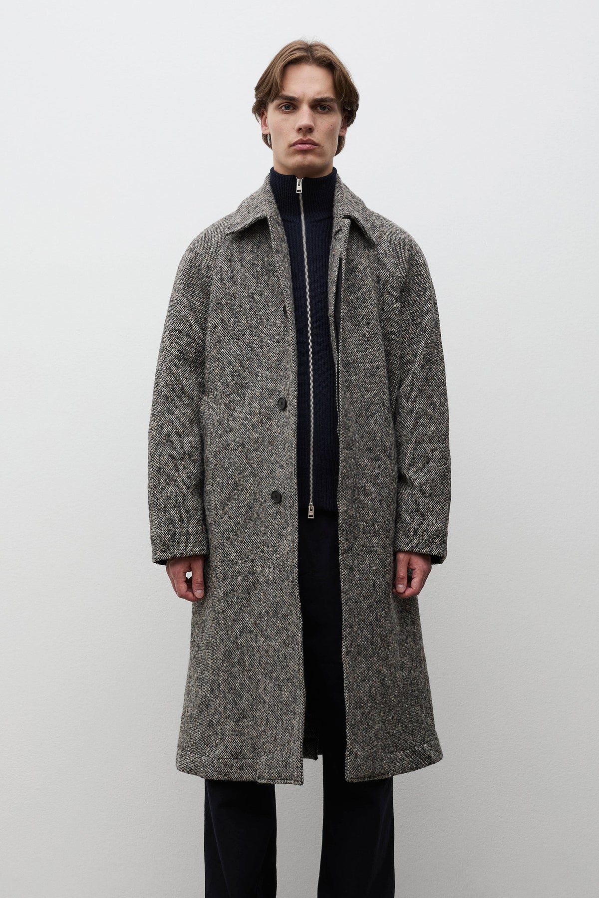 Reilstad Donegal Wool Balmacaan Raglan Coat - Charcoal Melange-Norse Projects-W2 Store