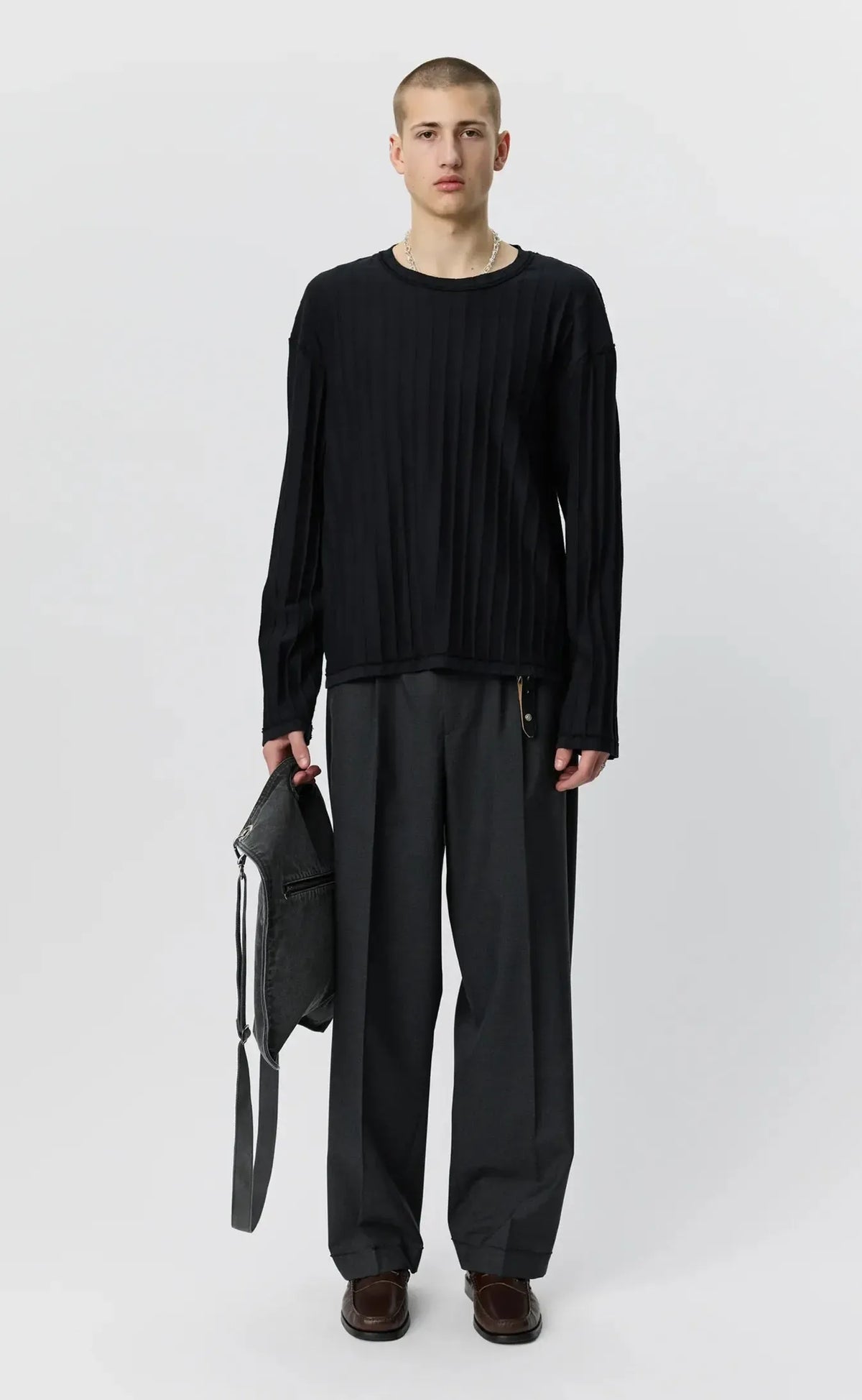 Round Neck Sweater - Black Inverted Ajour Stripe-mfpen-W2 Store