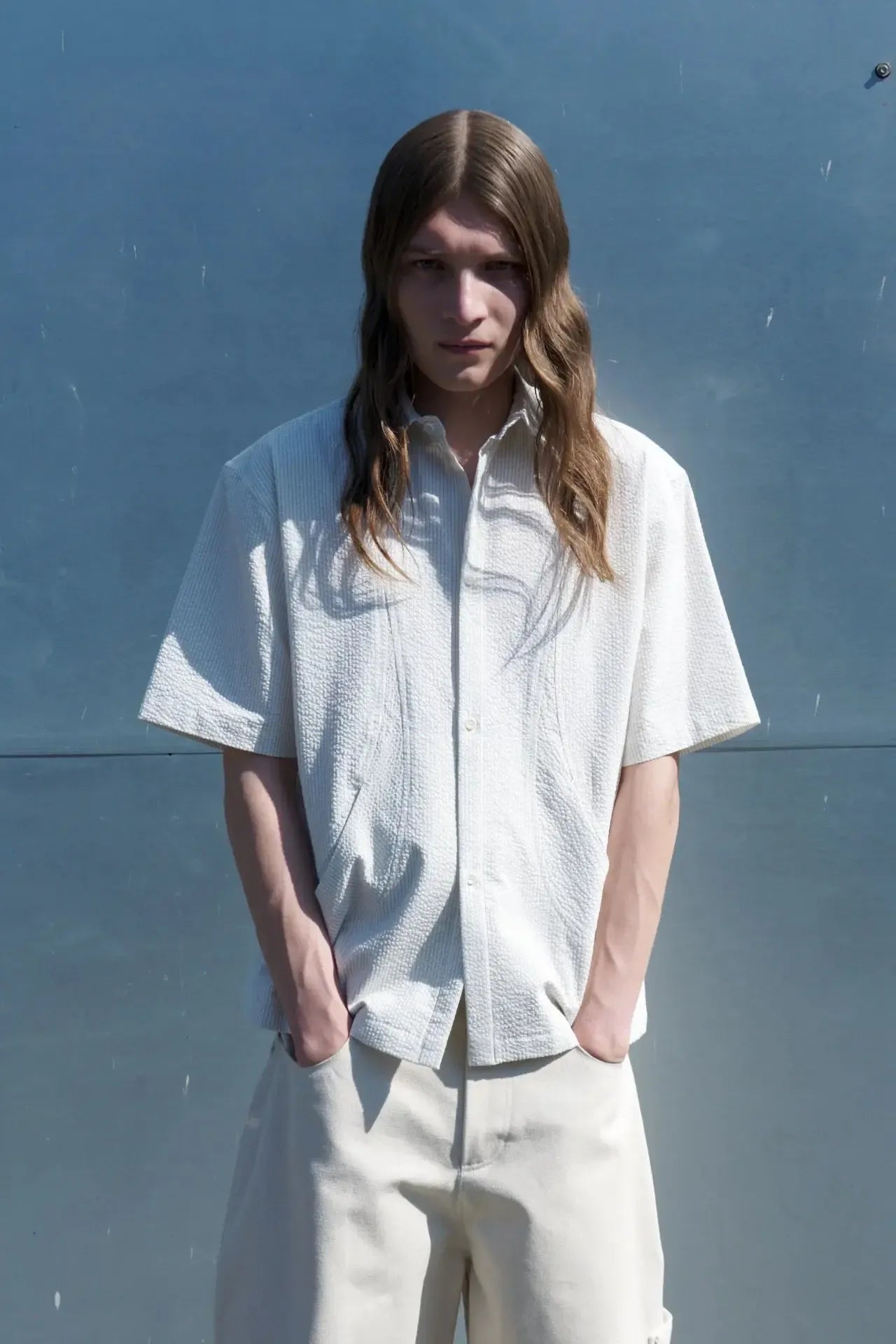 Takeshi Shirt Cotton Seersucker - Ivory Stripe-Sage Nation-W2 Store