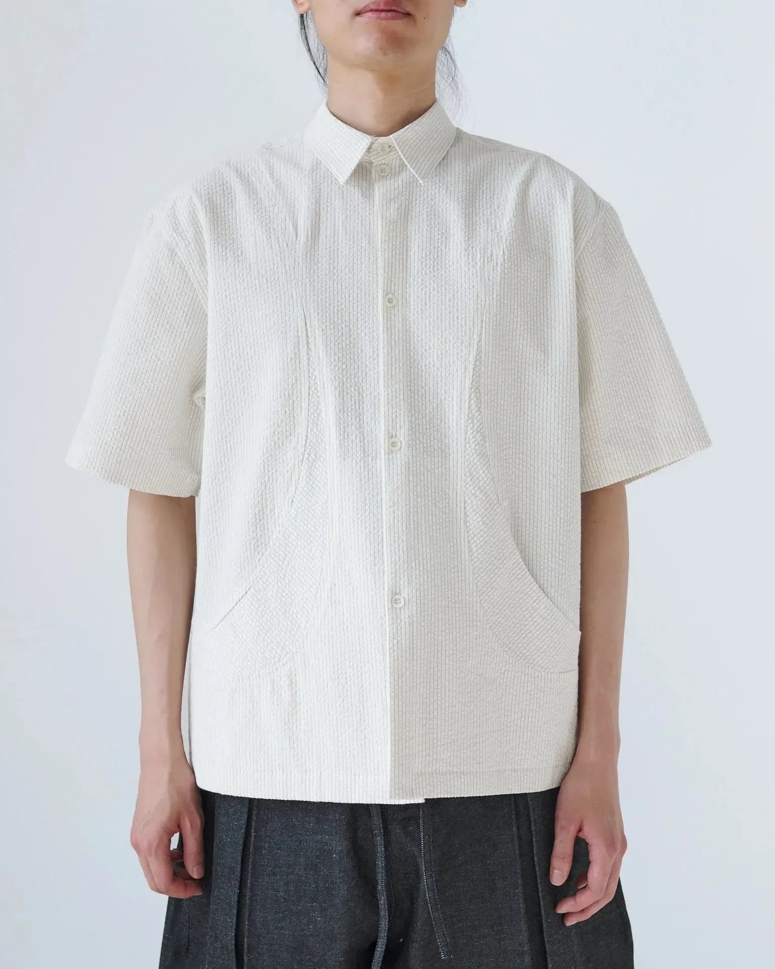 Takeshi Shirt Cotton Seersucker - Ivory Stripe-Sage Nation-W2 Store