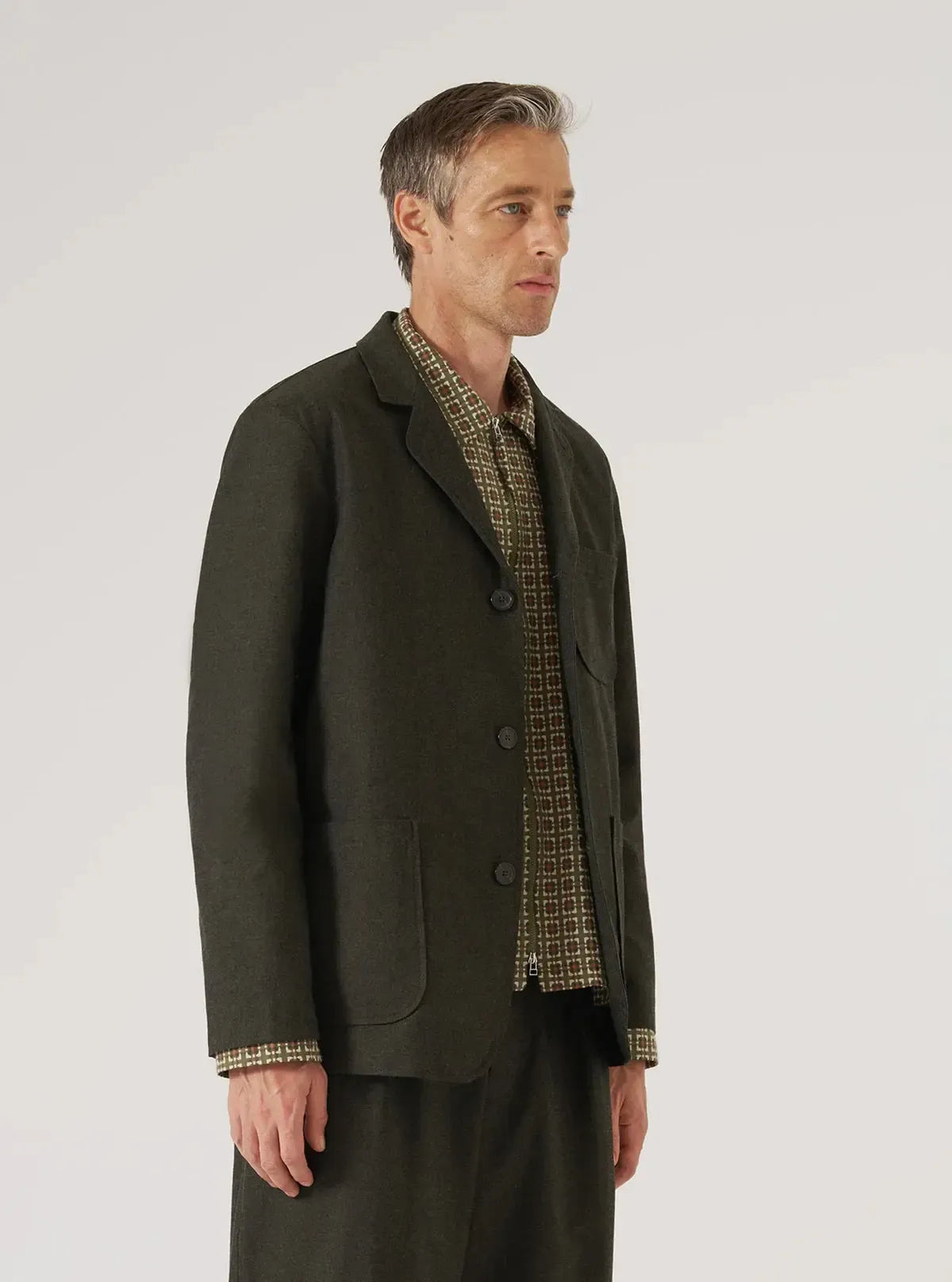 Three Button Jacket Lucca Suiting - Olive-Universal Works-W2 Store