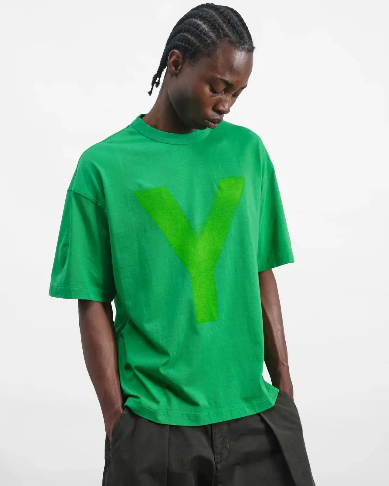 Triple Y Print T Shirt Garment Dye &amp; Localised Spray - Green-YMC-W2 Store