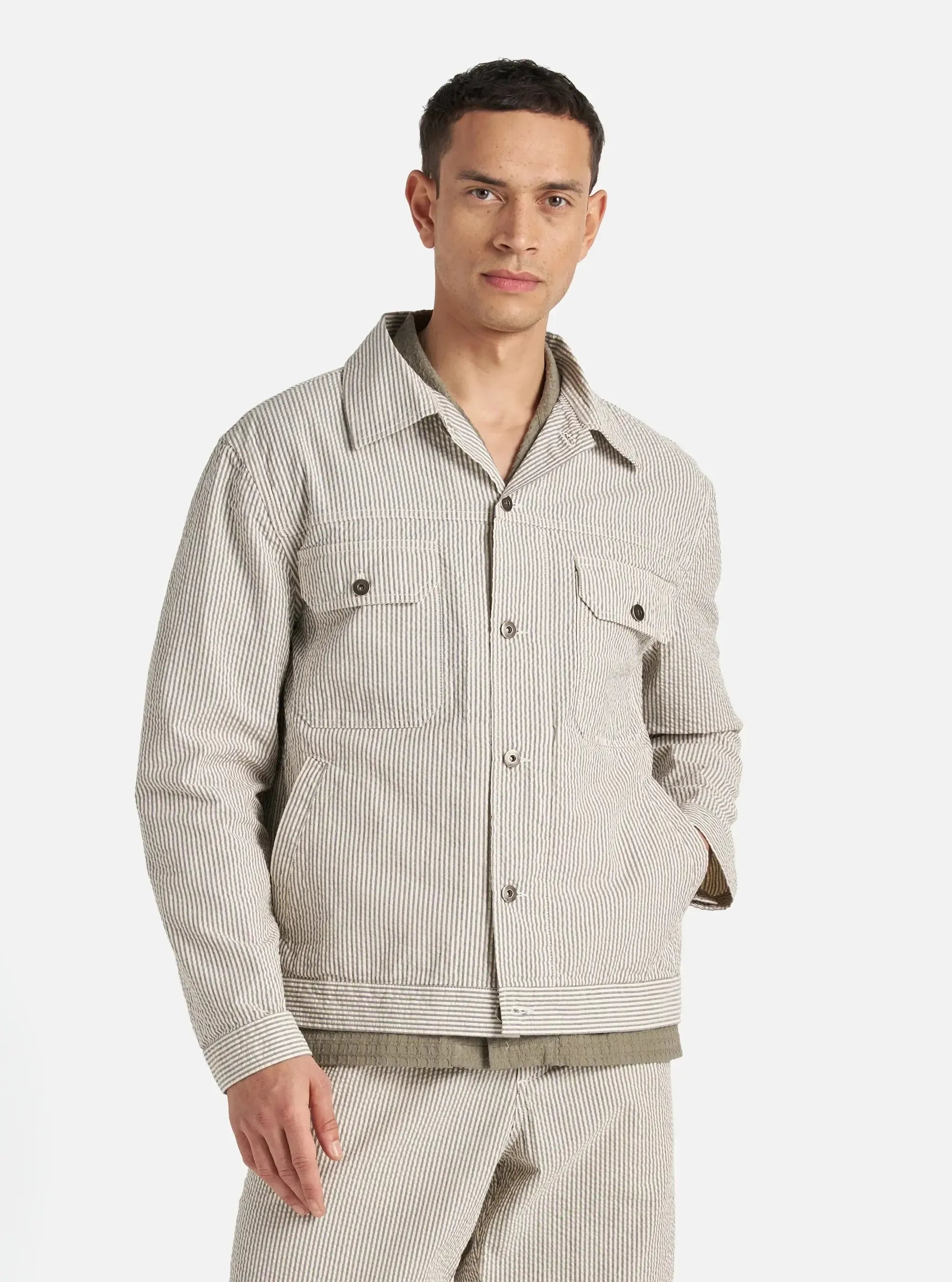 Trucker Jacket Derby Stripe - Grey-Universal Works-W2 Store