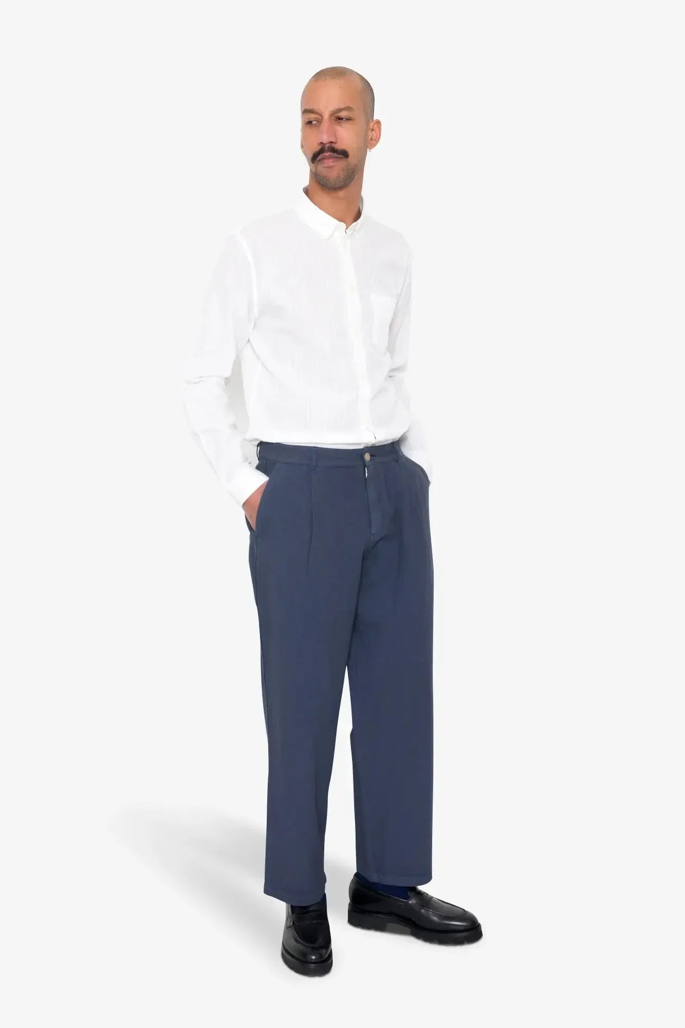 Wide Fit Trouser - Soft Navy Herringbone-Folk-W2 Store